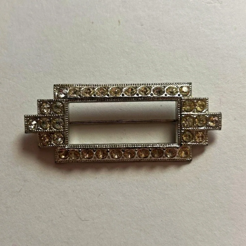 Art Deco Silver Tone Rectangular Clear Rhinestone Signed Brooch Pin